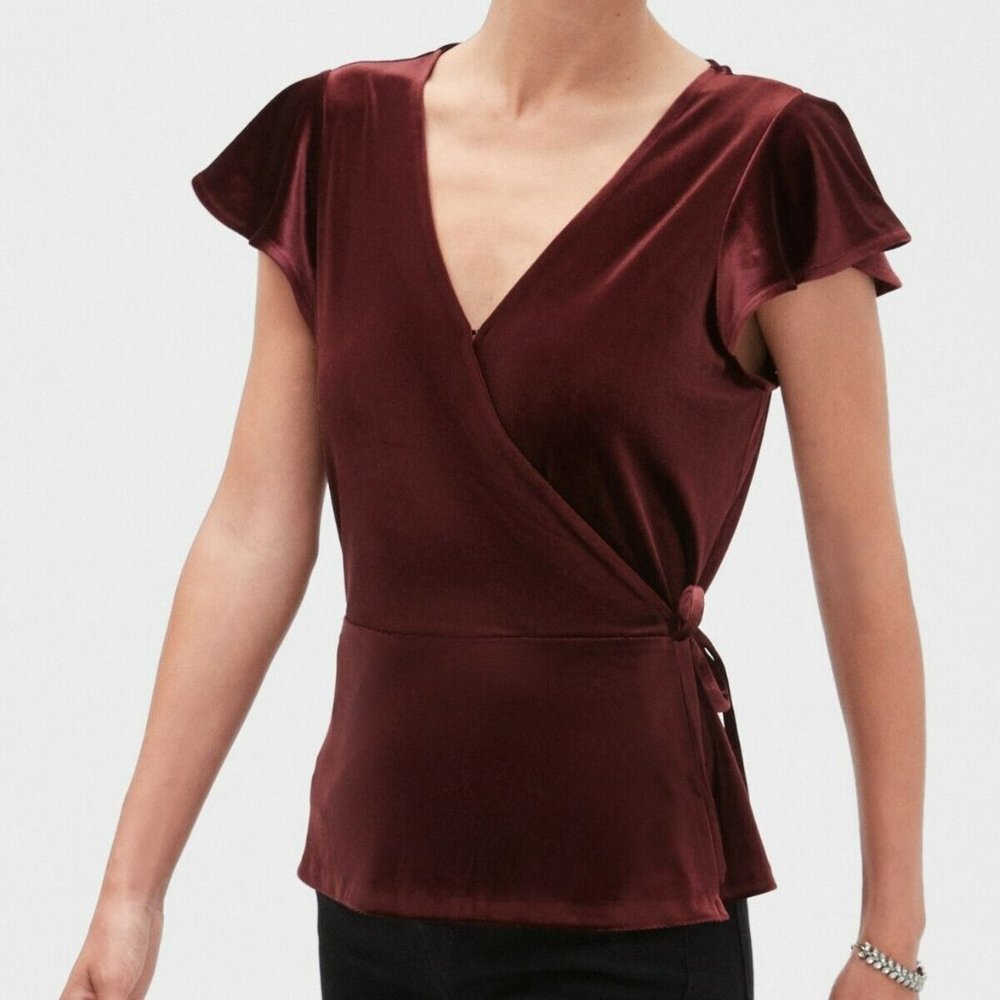 🔖3 for $25 Banana Republic | Maroon Velvet Wrap Shirt Bow Flutter Sleeve